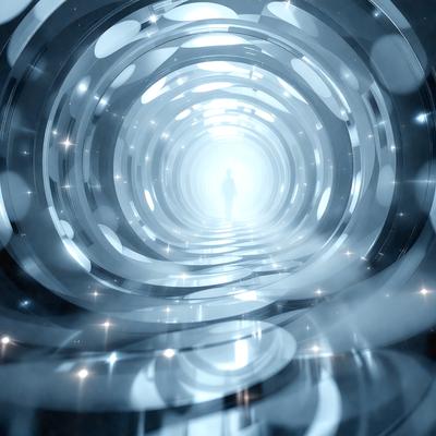 The primary subject of the image is a person, likely a man, walking through a tunnel-like structure. The setting is a futuristic environment, with the person surrounded by a tunnel that appears to be made of glass or a similar material. The visual style of the image is digital art, as it is a computer-generated representation of the scene. The colors and mood of the image are predominantly blue and white, giving it a futuristic and serene atmosphere.